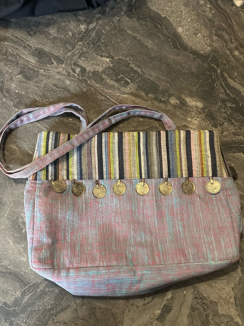 Striped Top Multi-Color Coin-Trim Shoulder Bag in Lavender Blue